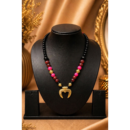 Shakti Crescent Statement Dokra Necklace Crafted With Dokra,wooden and Black stone Beads Shakti Crescent Statement Dokra Necklace Crafted With Dokra,wooden and Black stone Beads