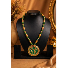 Green Nritya Leela Pendant Necklace Crafted With Dokra,wooden and Black stone Beads