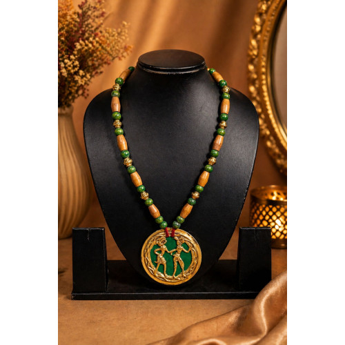 Green Nritya Leela Pendant Necklace Crafted With Dokra,wooden and Black stone Beads
