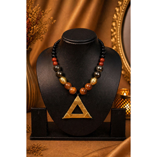 Handcrafted Tribal Dokra Triangle Pendant Necklace Crafted With Dokra,wooden and Black stone Beads