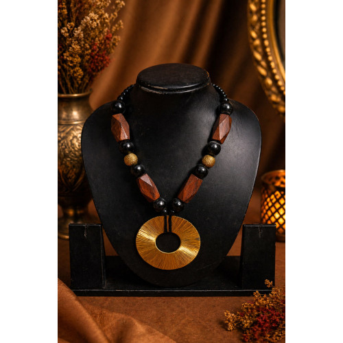 Handcrafted Tribal Dokra Circular Pendant Necklace Crafted With Dokra, Wooden and Black stone Beads