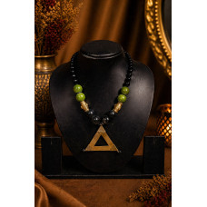 Handcrafted Tribal Dokra Triangle Pendant Necklace with Black Onyx & Green Wooden Beads