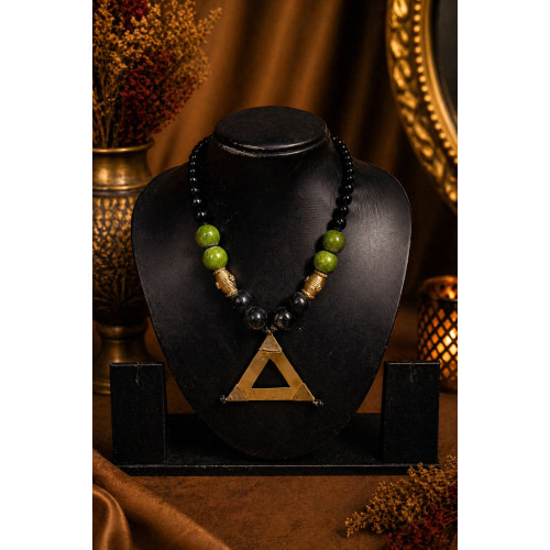 Handcrafted Tribal Dokra Triangle Pendant Necklace with Black Onyx & Green Wooden Beads Handcrafted Tribal Dokra Triangle Pendant Necklace with Black Onyx & Green Wooden Beads