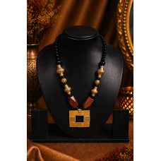 Dokra Square Pendant Necklace with Black Glass Beads, Wooden Beads & Brass Beads