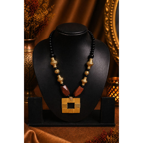 Dokra Square Pendant Necklace with Black Glass Beads, Wooden Beads & Brass Beads Dokra Square Pendant Necklace with Black Glass Beads, Wooden Beads & Brass Beads