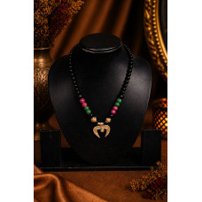 Handcrafted Tribal Dokra Crescent Pendant Necklace with Black Beads, Pink & Green Stone Beads