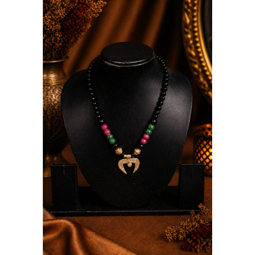 Handcrafted Tribal Dokra Crescent Pendant Necklace with Black Beads, Pink & Green Stone Beads