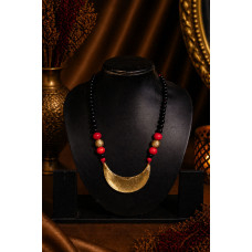 Handcrafted Tribal Dokra Crescent Moon Pendant Necklace with Black & Red Beads