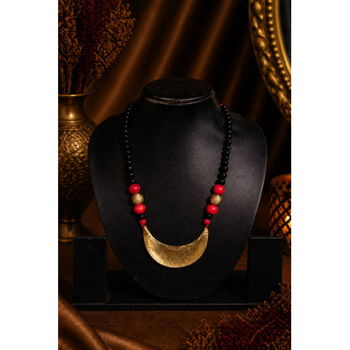 Handcrafted Tribal Dokra Crescent Moon Pendant Necklace with Black & Red Beads Handcrafted Tribal Dokra Crescent Moon Pendant Necklace with Black & Red Beads