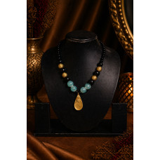 Handcrafted Dhokra Brass Teardrop Pendant Necklace with Black & Aqua Beads