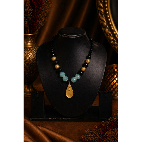 Handcrafted Dhokra Brass Teardrop Pendant Necklace with Black & Aqua Beads Handcrafted Dhokra Brass Teardrop Pendant Necklace with Black & Aqua Beads