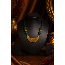 Tribal Dhokra Crescent Necklace – Handmade Brass Pendant with Black, Brass & Green Beads