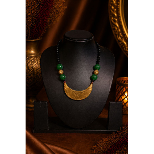 Tribal Dhokra Crescent Necklace – Handmade Brass Pendant with Black, Brass & Green Beads