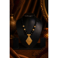 Handcrafted Dhokra Brass Geometric Pendant Necklace with Black & Brass Beads