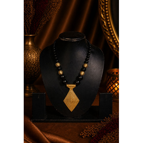 Tribal Dhokra Necklace – Brass Fan Pendant Design with Black Beaded Chain