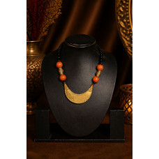 Tribal Dhokra Half Moon Pendant Necklace – Brass Statement Jewelry with Red Beads