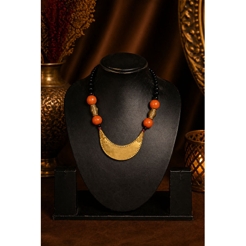 Tribal Dhokra Half Moon Pendant Necklace – Brass Statement Jewelry with Red Beads