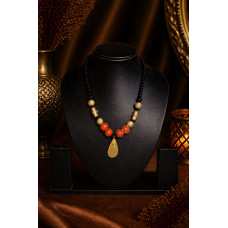 Handcrafted Dhokra Brass Teardrop Pendant Necklace with Red & Black Beads