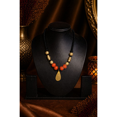 Handcrafted Dhokra Brass Teardrop Pendant Necklace with Red & Black Beads