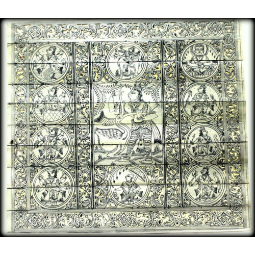Dasa Avatara Palm Leaf engraving carving with Bakasura Badh in the centre