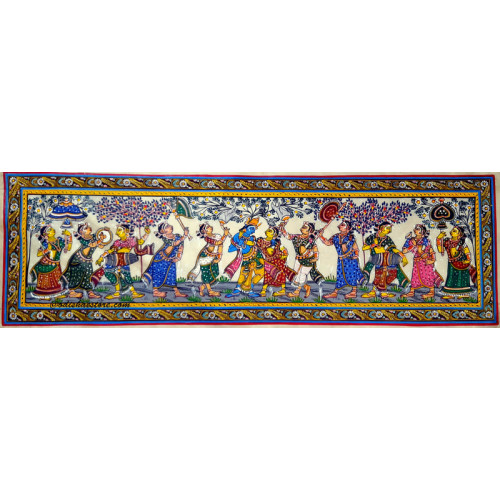 Sri Krishna Rasa Lila white background on silk natural colours