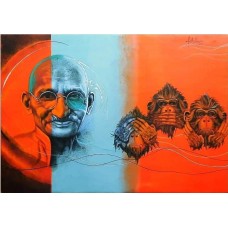 Gandhi and his three Monkeys under setting Sun