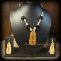 Bamboo Etched Pendant and Black Marble Necklace with Earrings