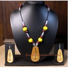 Bamboo Etched Pendant and Marble Necklace with Earrings