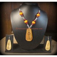 Bamboo Etched Pendant and Orange Marble Necklace with Earrings