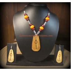 Bamboo Etched Pendant and Orange Marble Necklace with Earrings