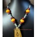 Bamboo Etched Pendant and Orange Marble Necklace with Earrings