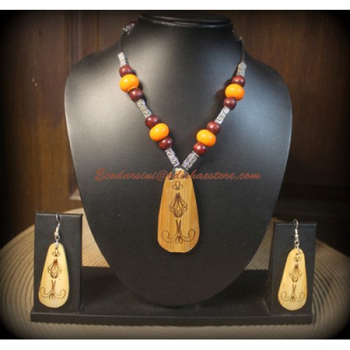 Bamboo Etched Pendant and Orange Marble Necklace with Earrings