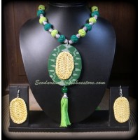 Cotton Ball Necklace with Fabric and Golden Grass Pendant with Earrings
