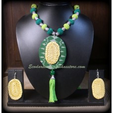 Cotton Ball Necklace with Fabric and Golden Grass Pendant with Earrings