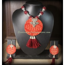 Ikat fabric and Oxydised Metal Necklace with Earrings