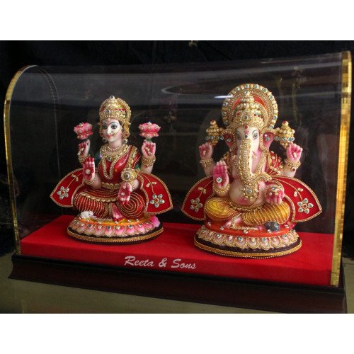 Laxmi Ganesha 2 Fibre Non Metallic Statue set in Transparent Box 1737