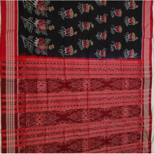 Sambalpuri Black with Red Rose Printed Saree