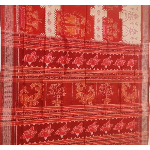 Sambalpuri Marron and White Cotton Saree