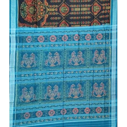 Sambalpuri Lion Print Cotton Black Color saree