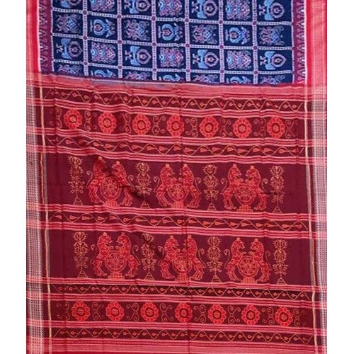 Sambalpuri Lion Print Cotton Maroon Border Saree