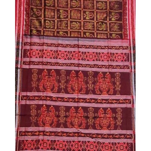 Sambalpuri Lion Print Cotton Maroon Color Saree