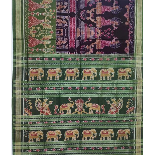 Sambalpuri Temple Print  Green Border Cotton Saree
