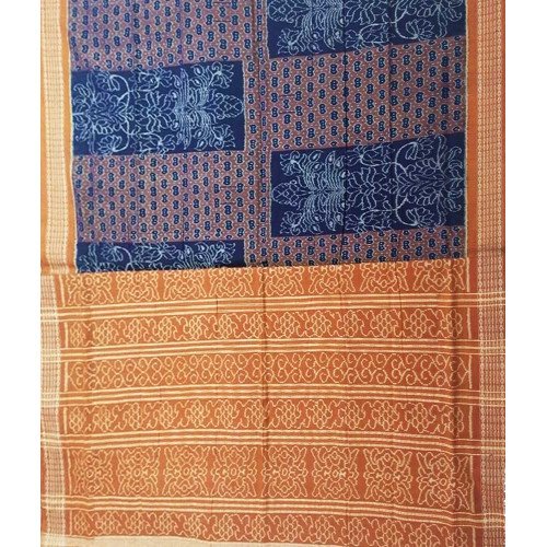 Sambalpuri Yellow Border Blue Print Cotton Saree